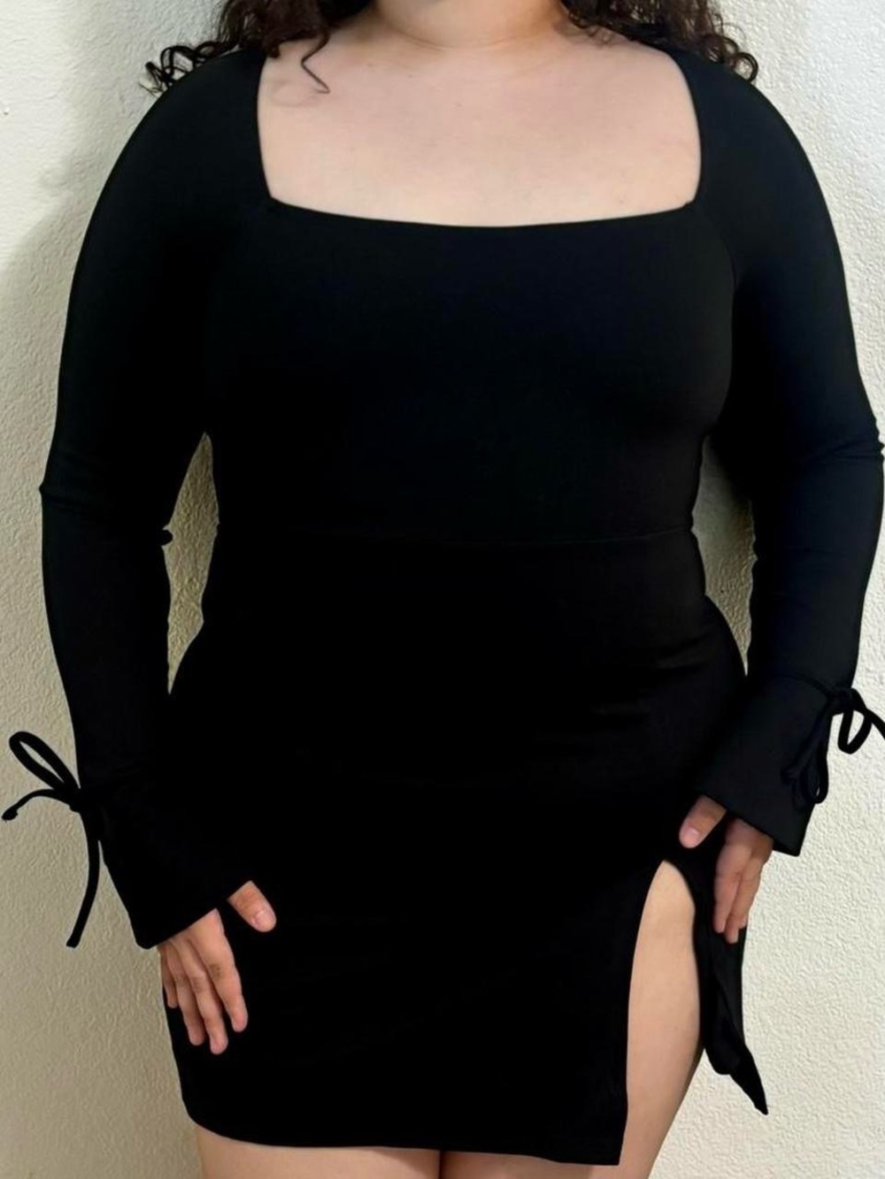 Finesse Black Square-Neck Long Sleeve Mini Dress with Side Slit
